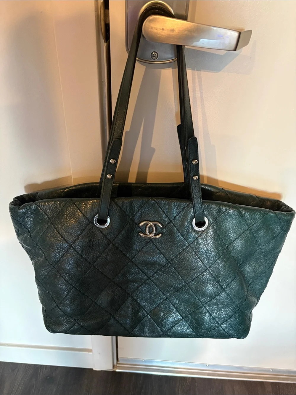 Authentic CHANEL Quilted Leather Tote in Deep Green with Silver Hardware